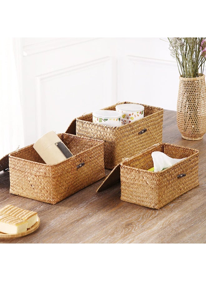 Wicker Storage Box with Lid, Natural Hand-woven Rattan Storage Box, Rectangular Household Organizer Boxes Shelf Wardrobe Organizer (M) - Image 5